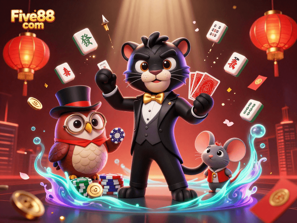 Engage with thrilling games at Five88 com: A dynamic casino illustration featuring stylish characters dealing cards.