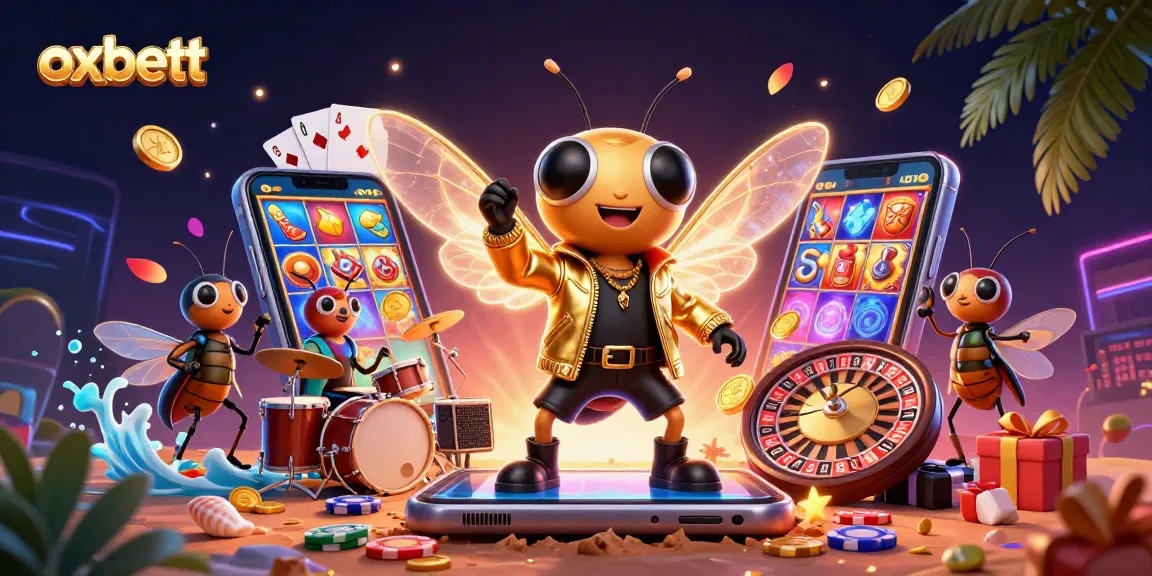 Experience the excitement of oxbett with a vibrant 3D casino illustration featuring a rock star cicada and lively game elements.