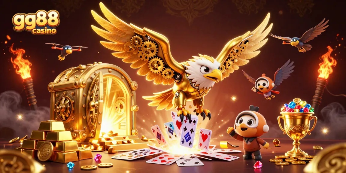 Experience the excitement of gg88 casino with a thrilling 3D eagle diving among shimmering cards and treasures.