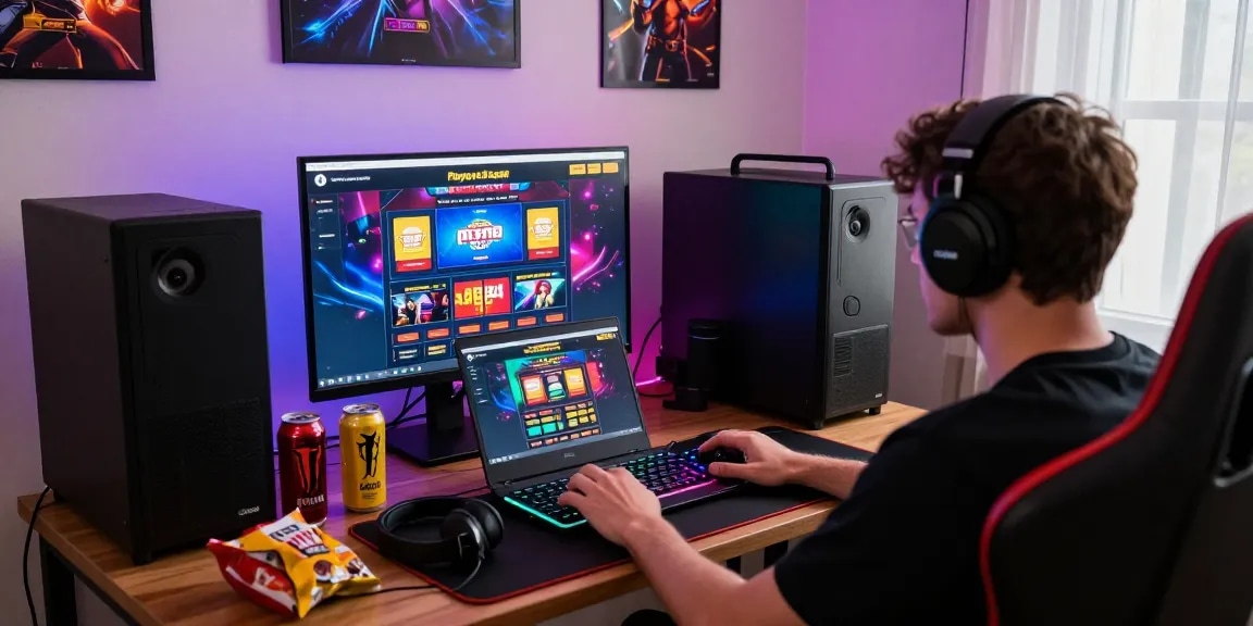 Fesselndes Online-Gaming-Setup mit einem Spieler in einem Paysafe Card Casino, lebendigen Grafiken und einer immersiven Umgebung.