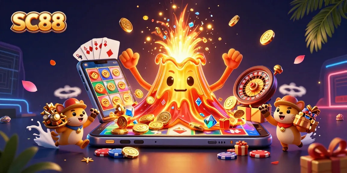 Experience thrilling wins with SC88 in this dynamic golden volcano casino scene.