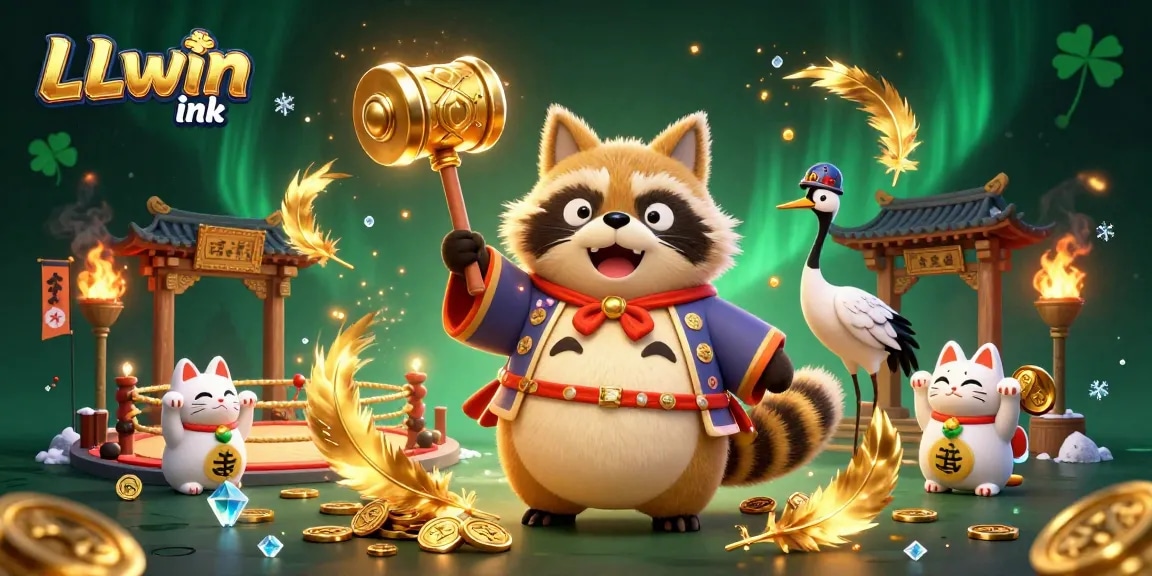 Celebrate winning moments at LLwin ink with a vibrant 3D illustration featuring a cheerful tanuki and fortune cats.