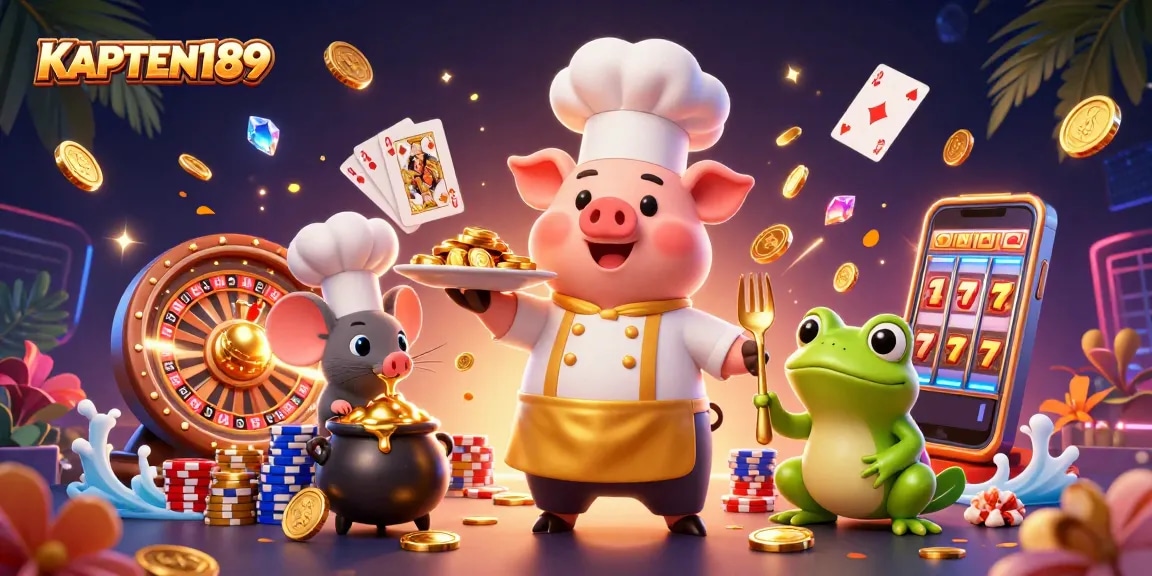 KAPTEN189 menampilkan chef babi yang menyajikan koin emas dalam suasana kasino yang meriah.