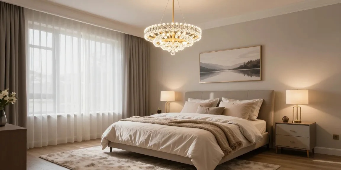 Candelabru dormitor elegant suspendat deasupra unui pat modern, iluminând camera cu stil și confort.