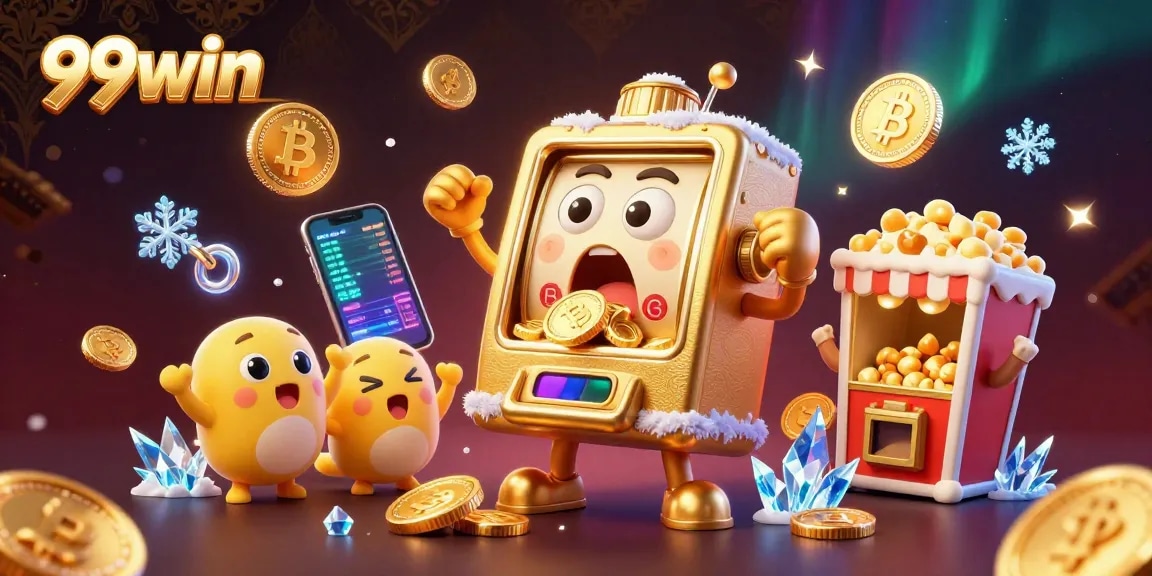 Celebrate jackpots with 99win's shocked slot machine pouring golden coins.