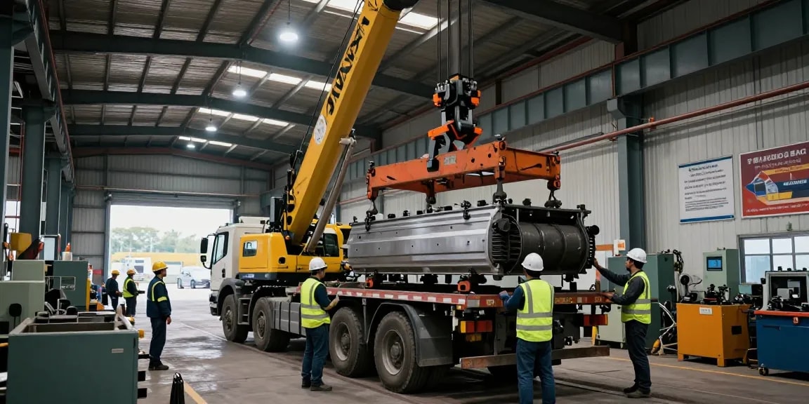 Machinery Movers safely relocating heavy equipment in an industrial setting.
