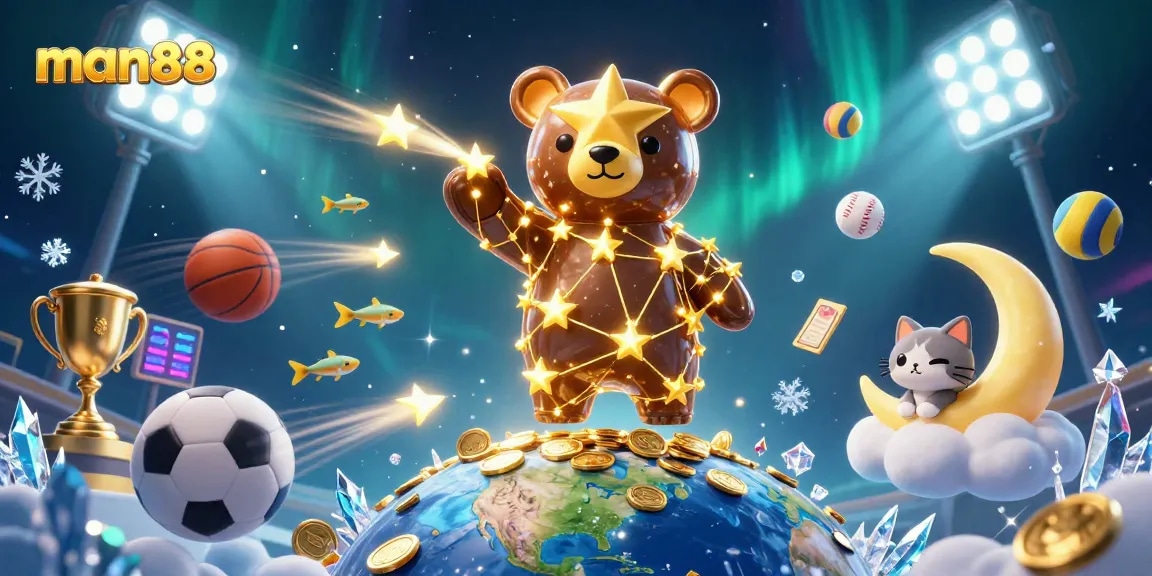 Win exciting prizes with man88's vibrant casino theme encompassing gold coins, sports elements, and shooting stars.