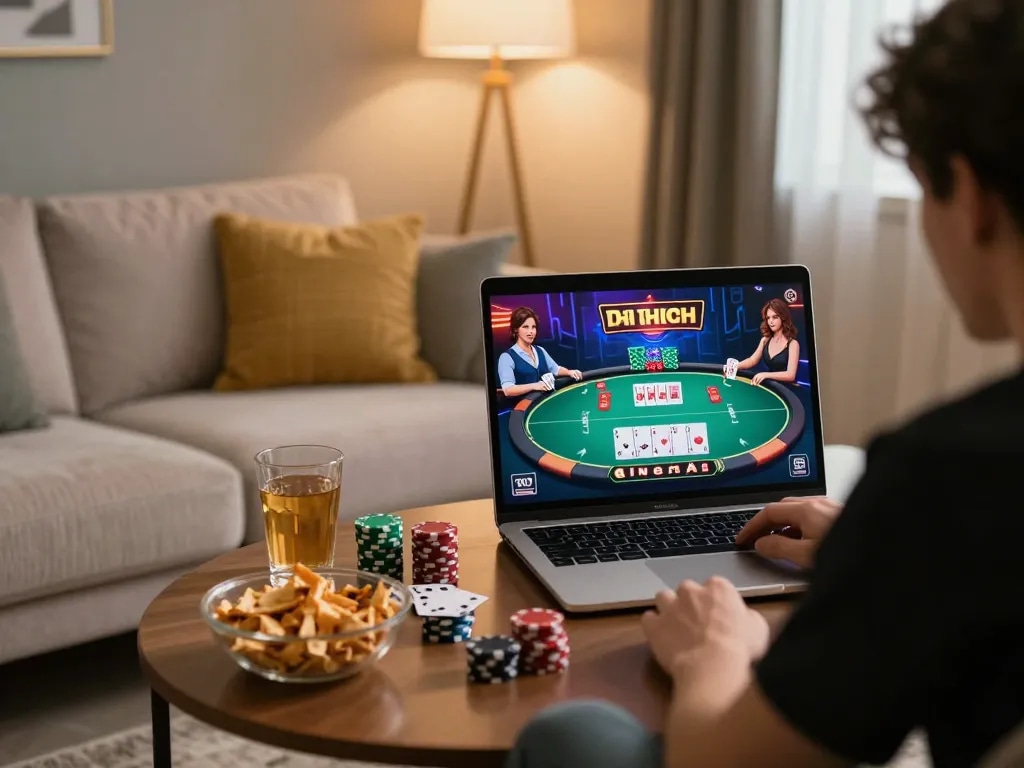 Engaged player enjoying game bài đổi thưởng at home with laptop and snacks, illustrating online gaming excitement