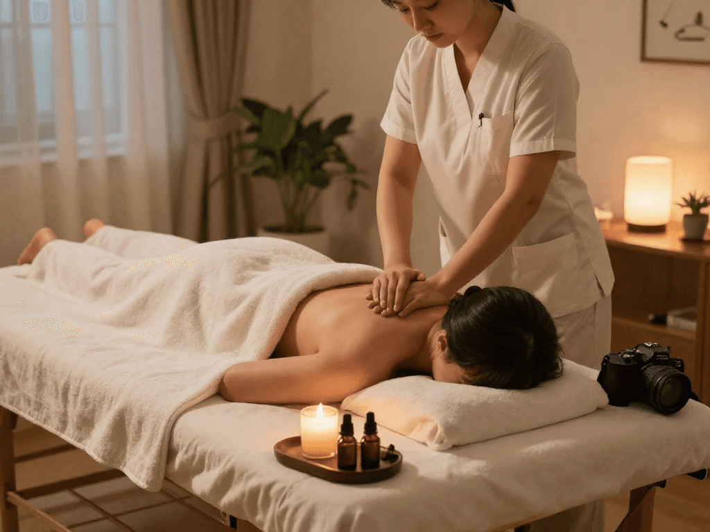 Professional 성남출장마사지 therapy session in a cozy home spa setting with soft lighting and calming atmosphere.