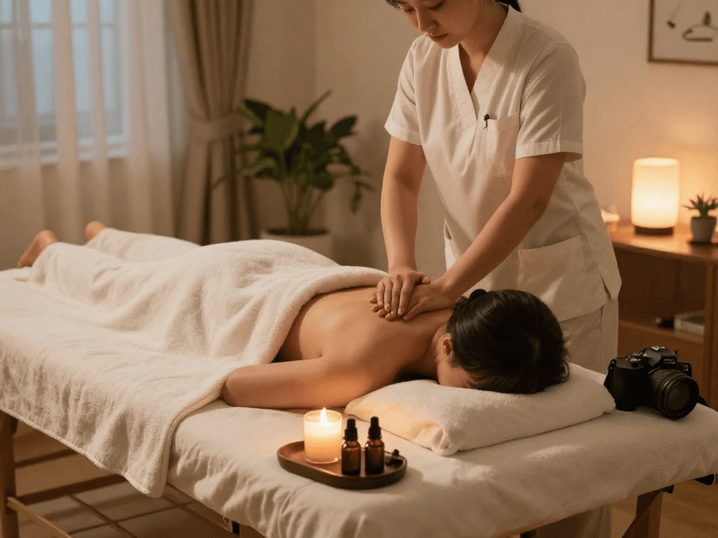 Professional 성남출장마사지 therapy session in a cozy home spa setting with soft lighting and calming atmosphere.