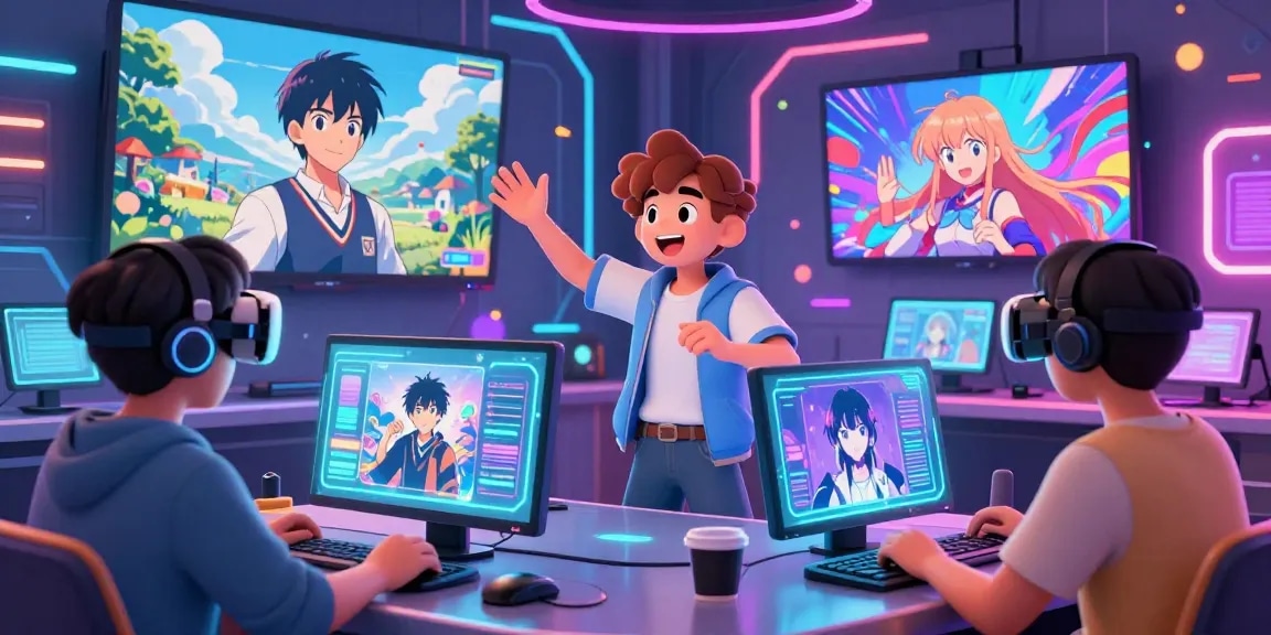 Engaging virtual chat scene illustrating lively ai ecchi chat interactions among animated characters in a futuristic digital setting.
