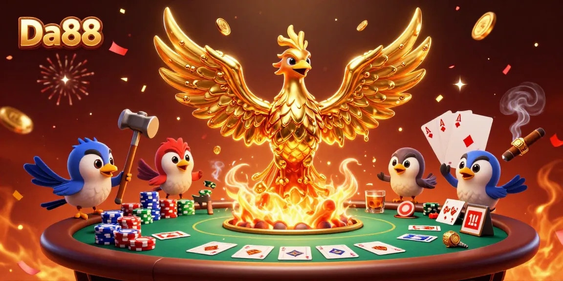 Engage with thrilling gameplay at Da88, featuring a golden phoenix and poker action in a vibrant casino setting.