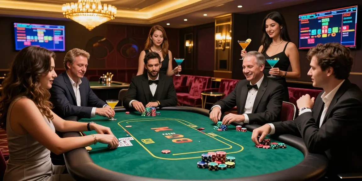 Exciting iwin casino scene with diverse players enjoying poker and luxury atmosphere.