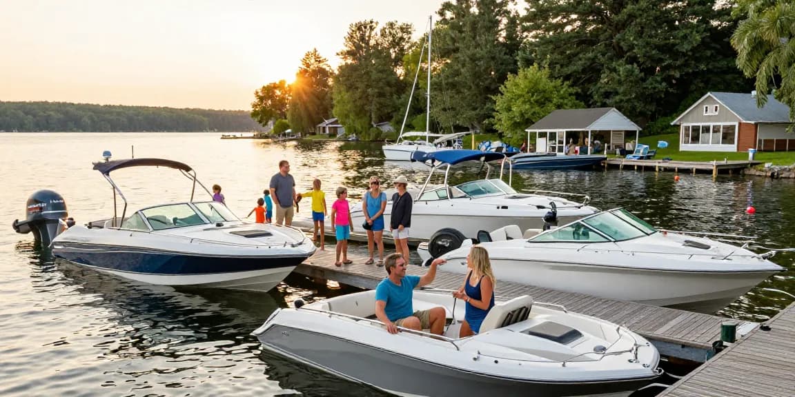 Boat dealer showcasing a vibrant lakeside marina with families enjoying boating adventures and rentals at Kawagama Lake.
