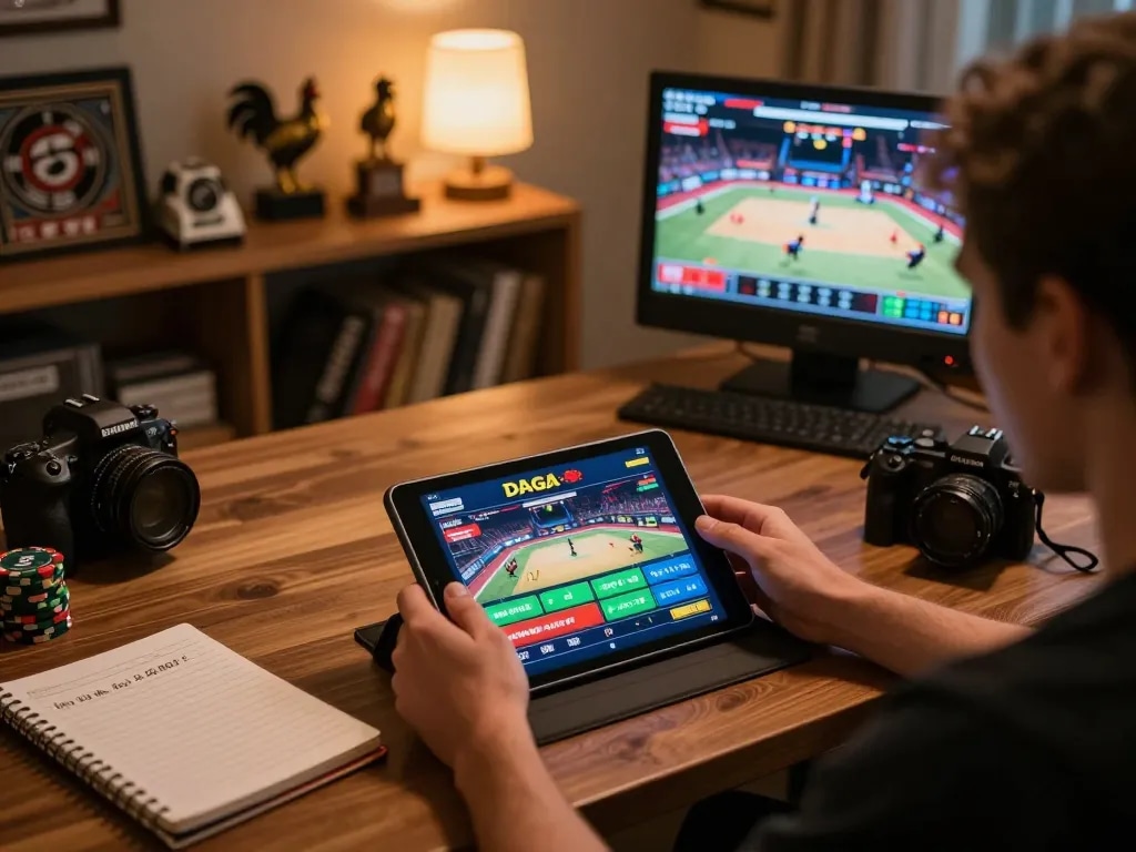 Engaging user placing bets on DAGA rooster fights from a tablet in a cozy, warm-lit room.