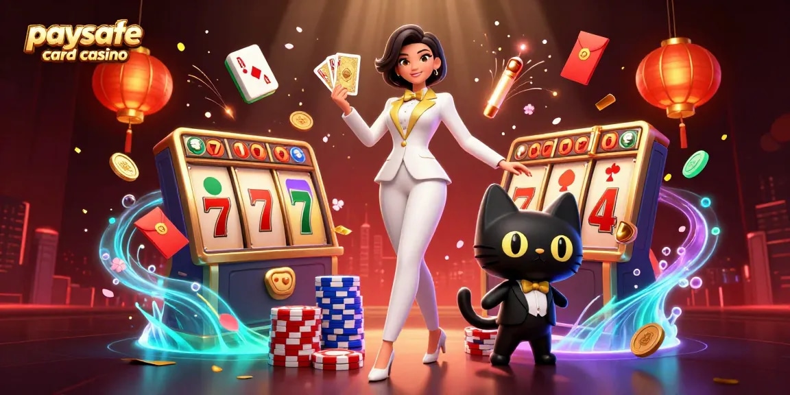Aktion im Paysafe Card Casino mit glamouröser Frau, die Karten mischt, und einer verspielten Katze, ergänzt durch Spielautomaten und lebendige Casino-Elemente.