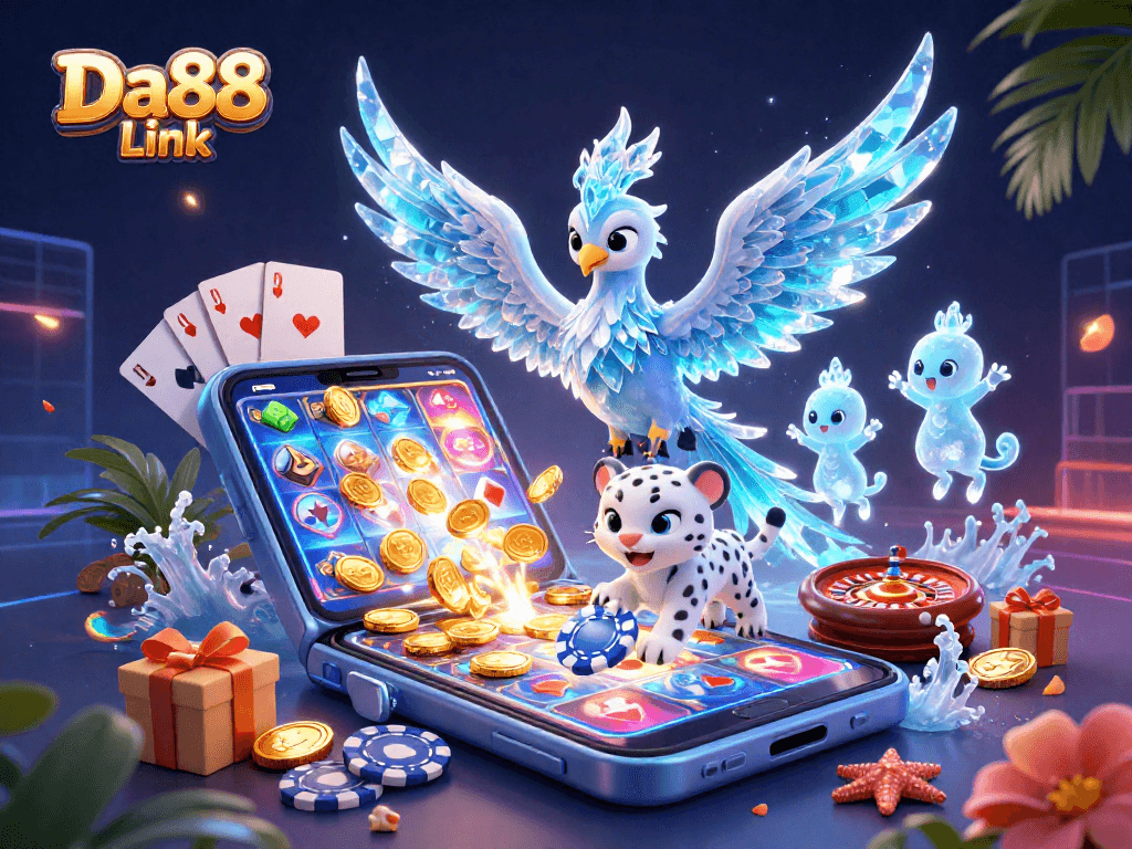 Engage with the vibrant Da88 Link illustration featuring an ice phoenix, snow leopard, and casino elements.