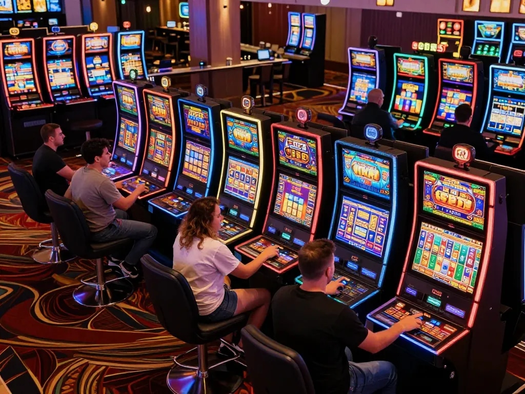 Pemain menikmati suasana permainan slot88 yang penuh warna, berinteraksi dengan mesin slot yang berwarna-warni.