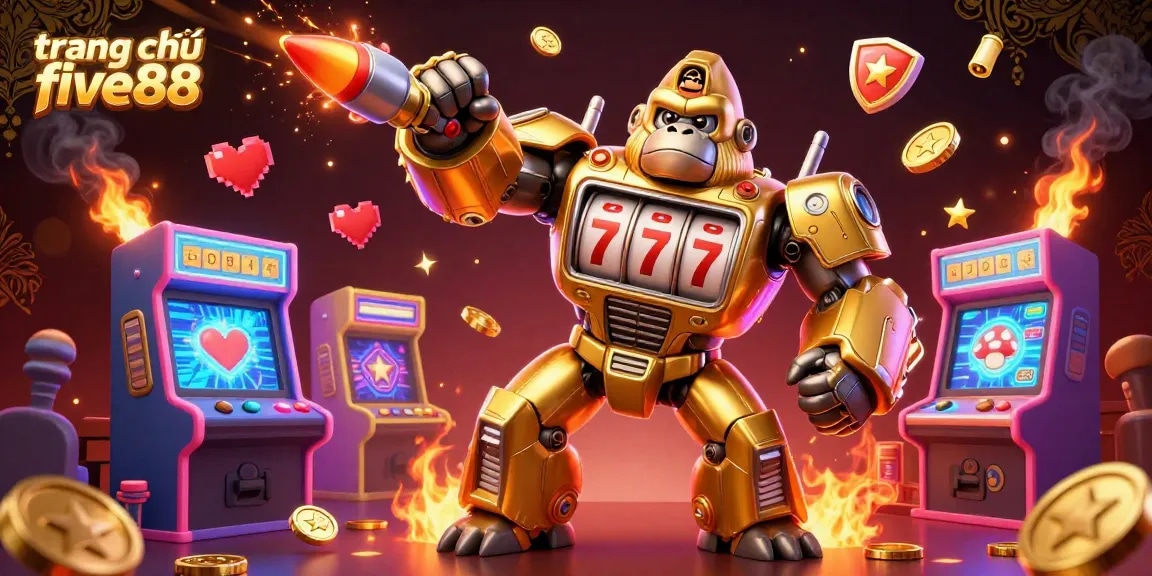 Experience the excitement of gaming with the trang chủ five88, featuring a dynamic golden gorilla mech and vibrant arcade elements.