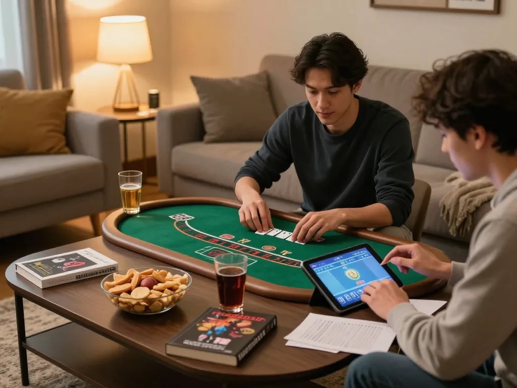 Player enjoying vb88 live dealer blackjack game in a cozy home setup with strategic notes.