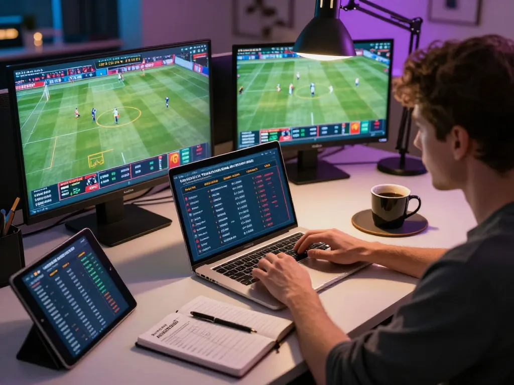 Person analyzing betting odds on NOWGOAL from a home office, showcasing strategic online gaming.