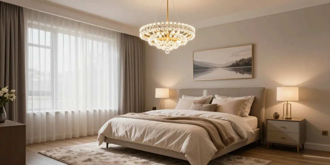 Candelabru dormitor elegant suspendat deasupra unui pat modern, iluminând camera cu stil și confort.