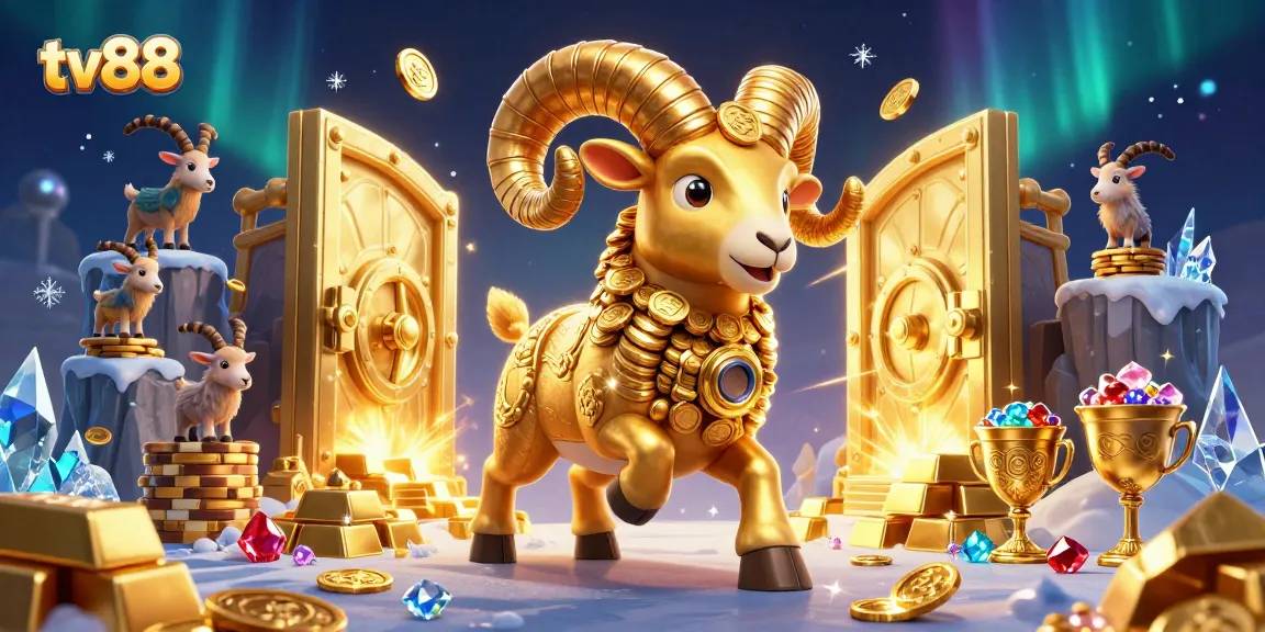 Experience thrilling wins at tv88 with a charging golden ram amid treasures and casino symbols.