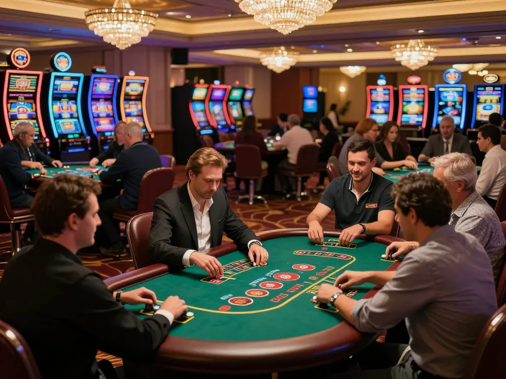 A thrilling moment at Ai88bet casino with players strategizing bets at green felt tables under warm chandelier lighting.