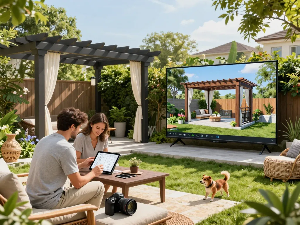 Interactive 3D Pergola Configurator session in a beautiful backyard setting with couples designing their ideal pergola.