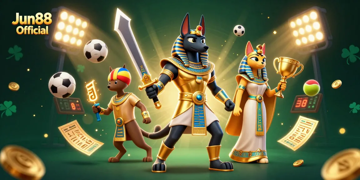 Engage in thrilling action with Jun88 Official, showcasing dynamic sports betting elements and energetic characters.