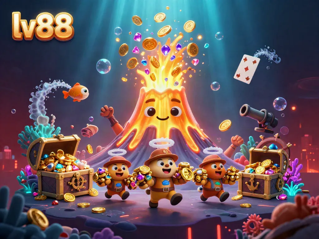 Engaging scene of the lv88 gaming universe, showcasing a golden volcano amidst treasures, with vibrant underwater elements.