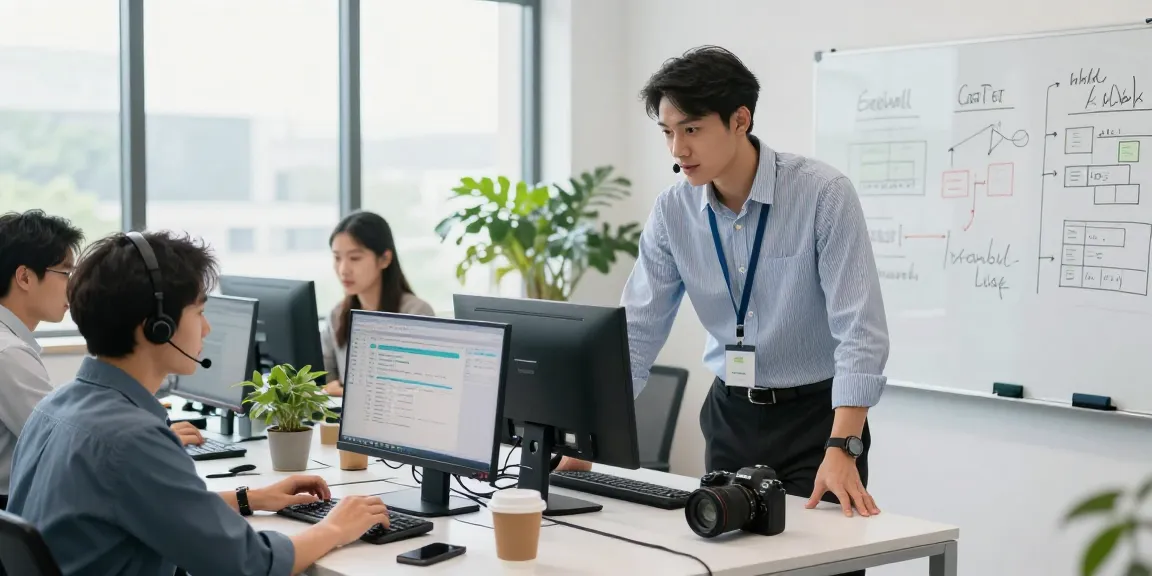 Small business IT support technician assisting team in a vibrant office environment with technology solutions.