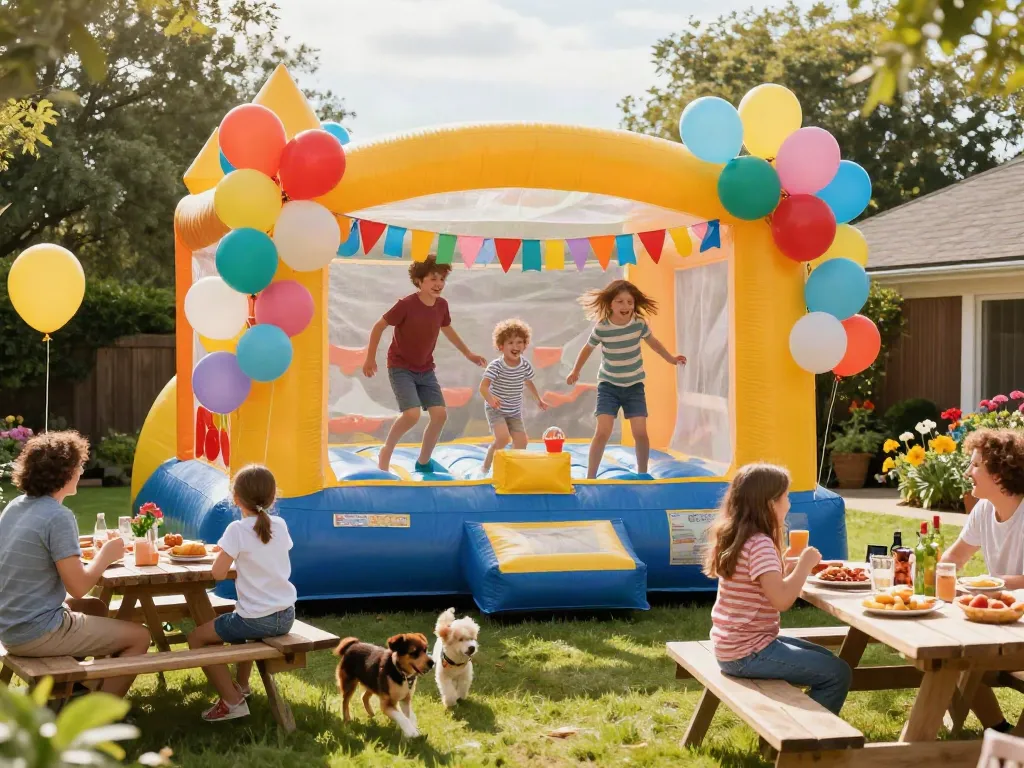 Children jumping in a colorful bounce house during a sunny outdoor party.