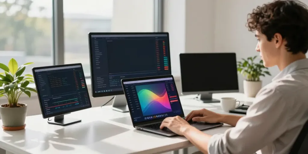 Professional workspace showcasing quantum AI trading software on multiple screens.