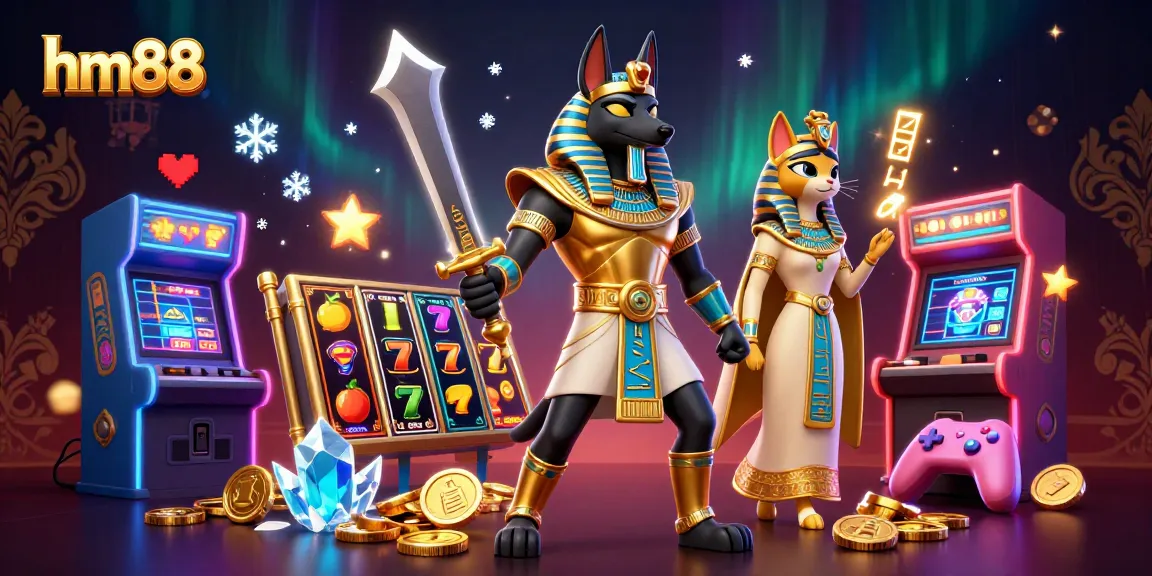 Experience the excitement of hm88 with Anubis and Bastet in a vibrant 3D casino atmosphere.