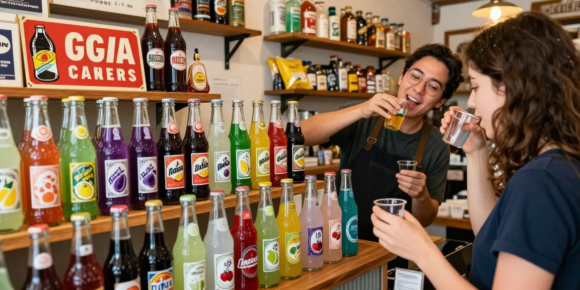 Craft soda variety display in a vintage shop with colorful bottles and tasting experience