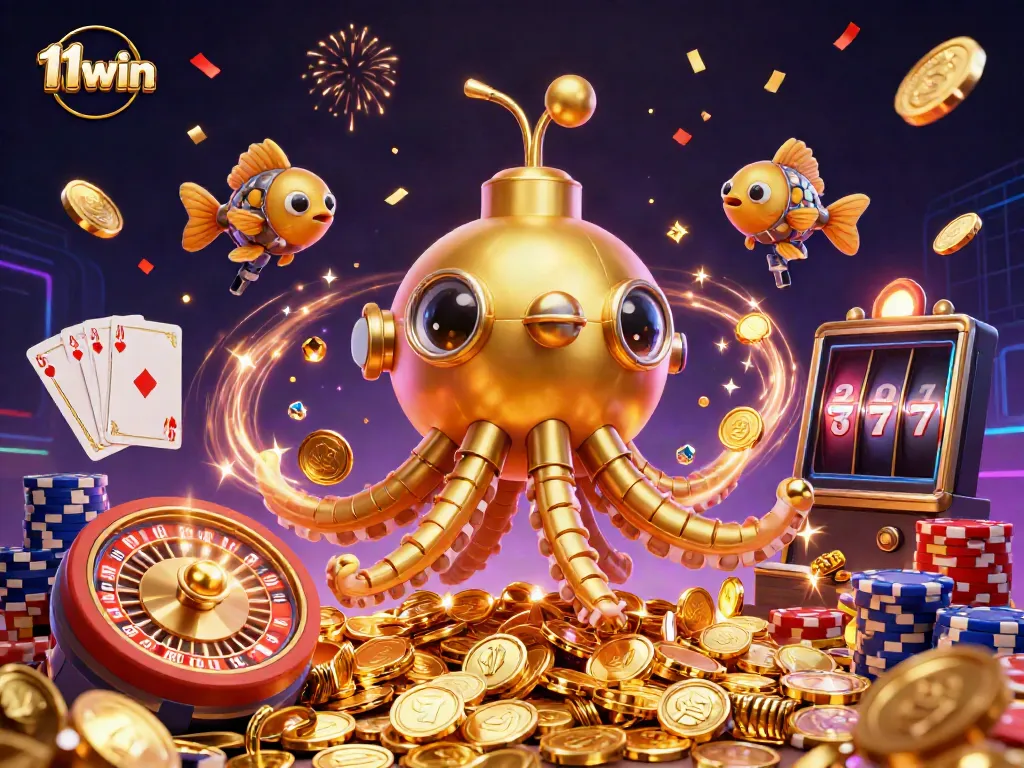 Experience vibrant 11win gameplay with the golden kraken and mechanical fish in this dynamic casino scene.