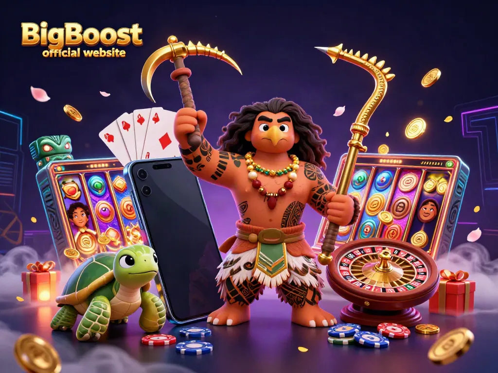 Experience thrilling fun with BigBoost official website's cartoon heroes amidst vibrant slot games and dynamic casino elements.