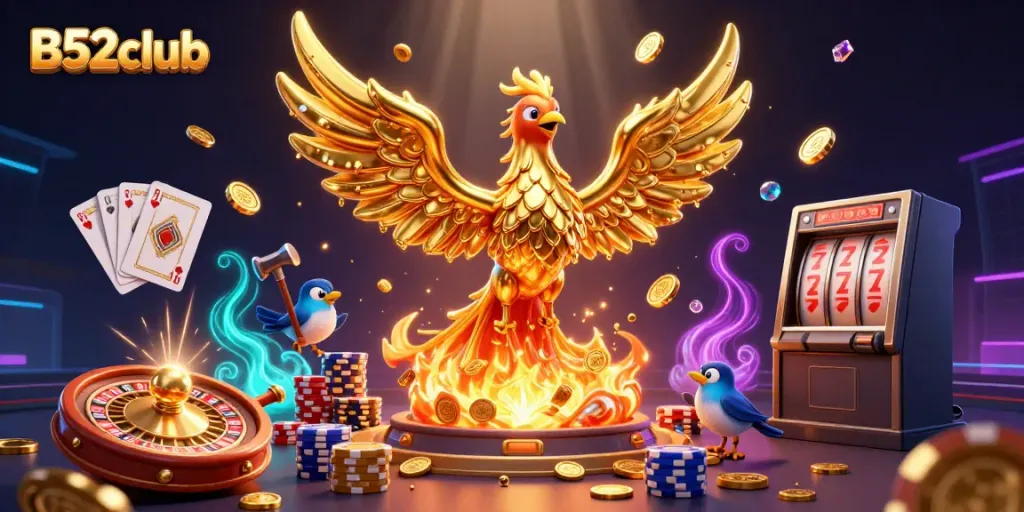 B52club promotes an exciting gaming experience with dynamic casino elements and a vibrant phoenix