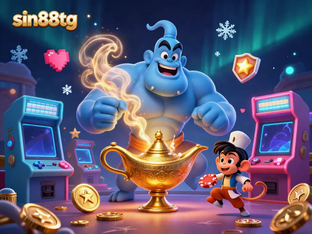 Experience sin88tg's magical casino adventure with a genie, monkey, and poker chips.