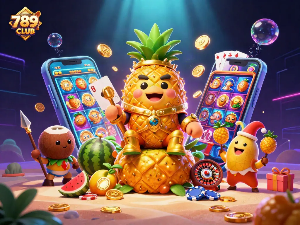 Engage with 789CLUB, featuring a golden pineapple king ruling over a vibrant beach casino with exciting games.