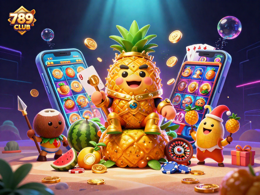Engage with 789CLUB, featuring a golden pineapple king ruling over a vibrant beach casino with exciting games.
