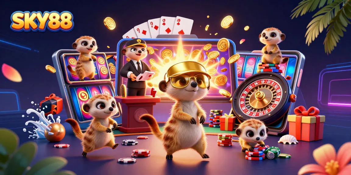 SKY88 meerkats celebrate with vibrant slot games and casino chips in an exciting online atmosphere