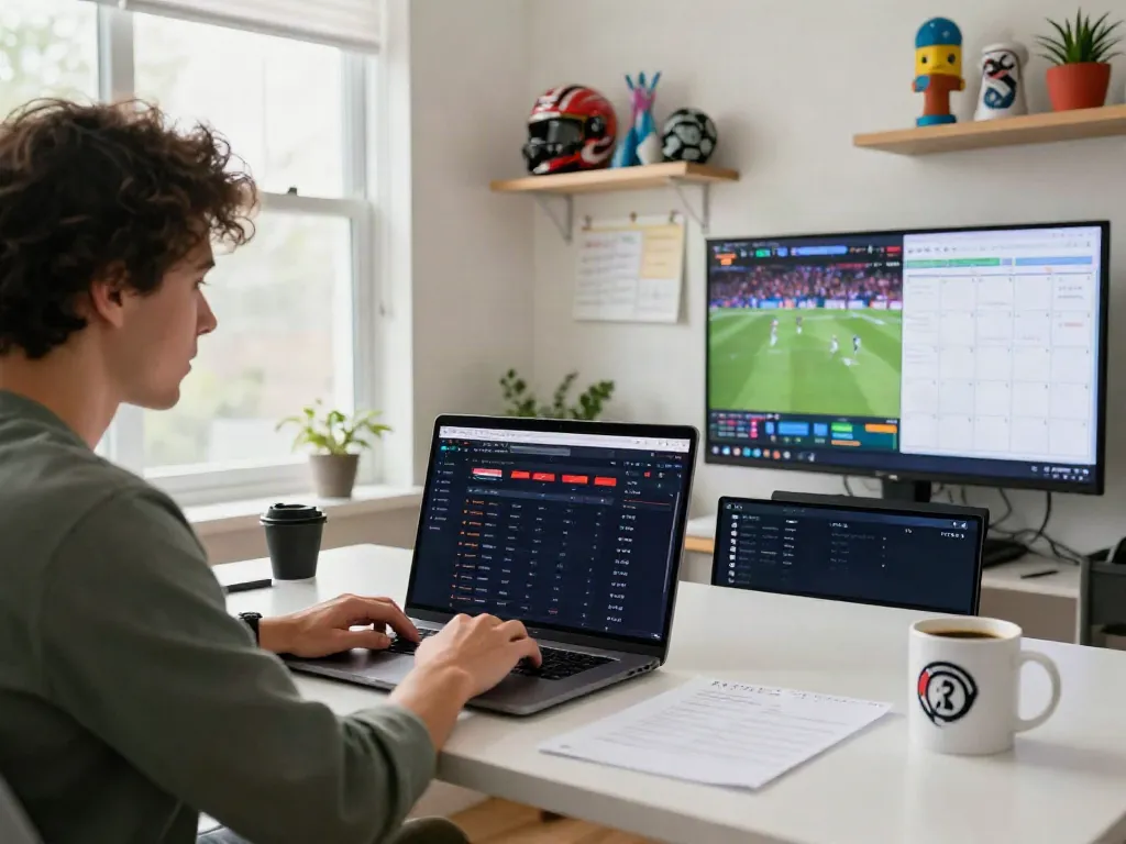 Streek Sportsbook Canada enthusiast engaged in live betting in a vibrant home office.