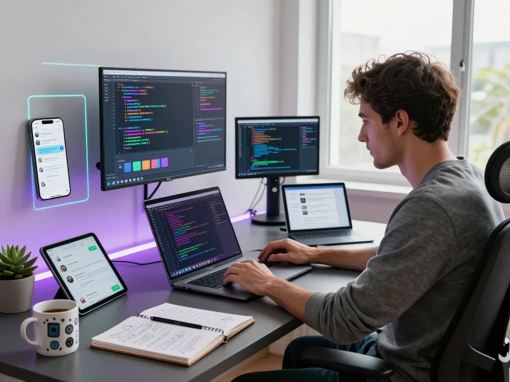 developer coding CrushOnAI on a sleek laptop in a bright modern workspace