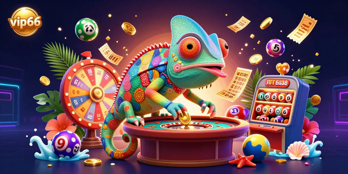 Engage in vip66 casino excitement with a vibrant casino scene featuring an animated chameleon and dynamic game elements.