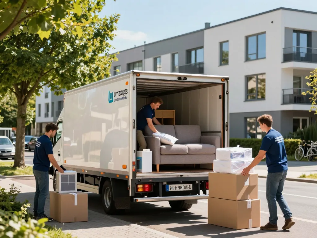 Das Umzugsunternehmen Hannover-Team packt effizient einen Umzugswagen und zeigt professionellen Service.