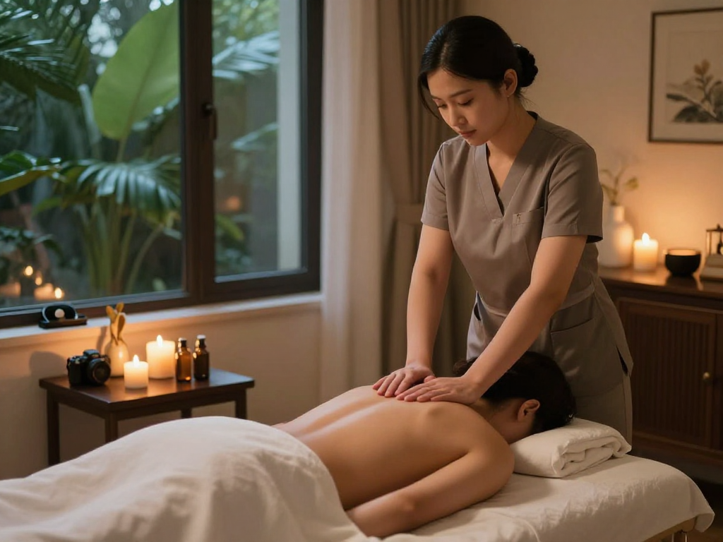 부천출장안마 home massage setup with therapist preparing soothing oils and calming ambiance.