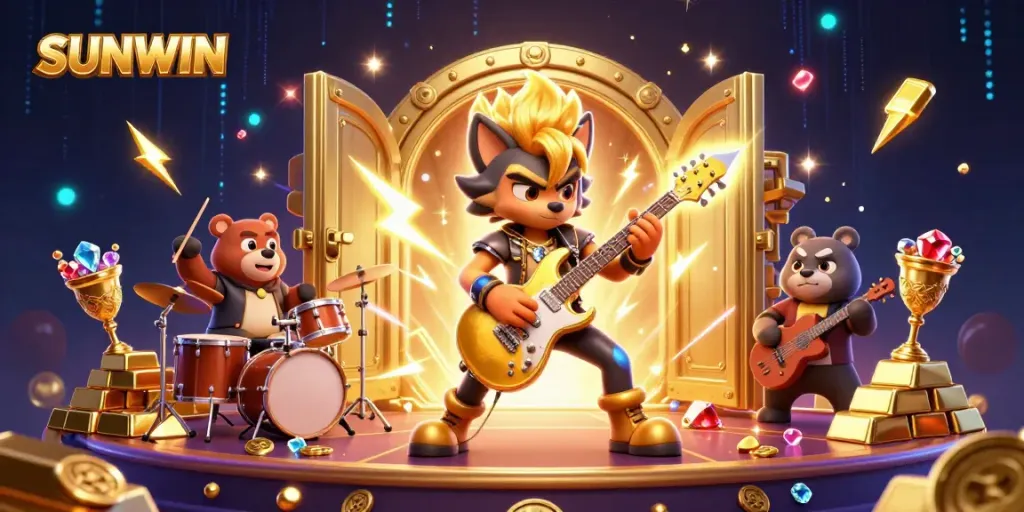 SUNWIN showcases a thrilling casino scene with a rock star wolf and bear drummer jamming while surrounded by abundant treasures.