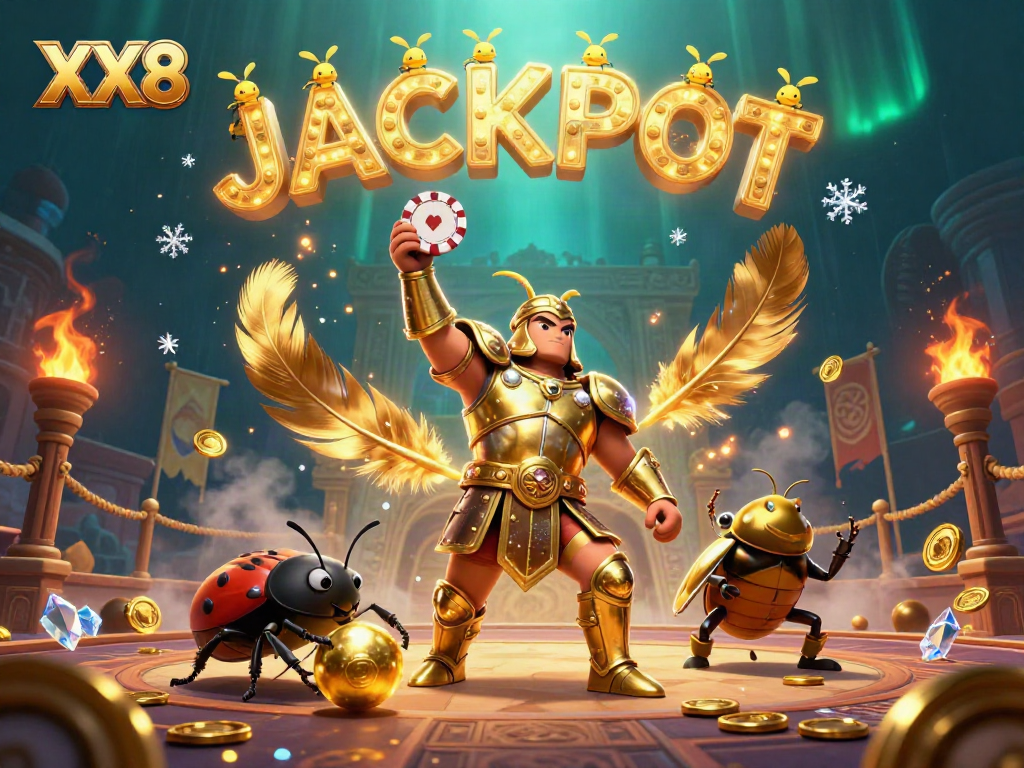 Engaging illustration with XX8, a heroic beetle lifting a poker chip, surrounded by casino elements in a vibrant scene.